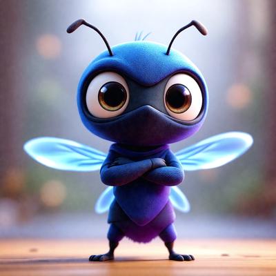 The primary subject of the image is a small, cute, and colorful blue and purple insect, possibly a dragonfly or a beetle, standing on a wooden floor. The insect appears to be posing for a picture, with its arms crossed. The setting is indoors, with a wall visible in the background. The visual style of the image is digital art, as it is a well-crafted and detailed illustration. The colors and mood of the image are vibrant and cheerful, with